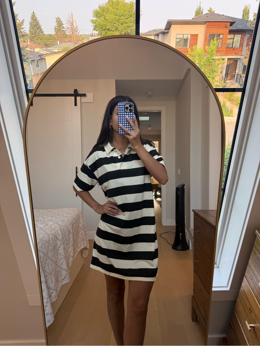 Striped Polo Mini Dress in Black and Cream